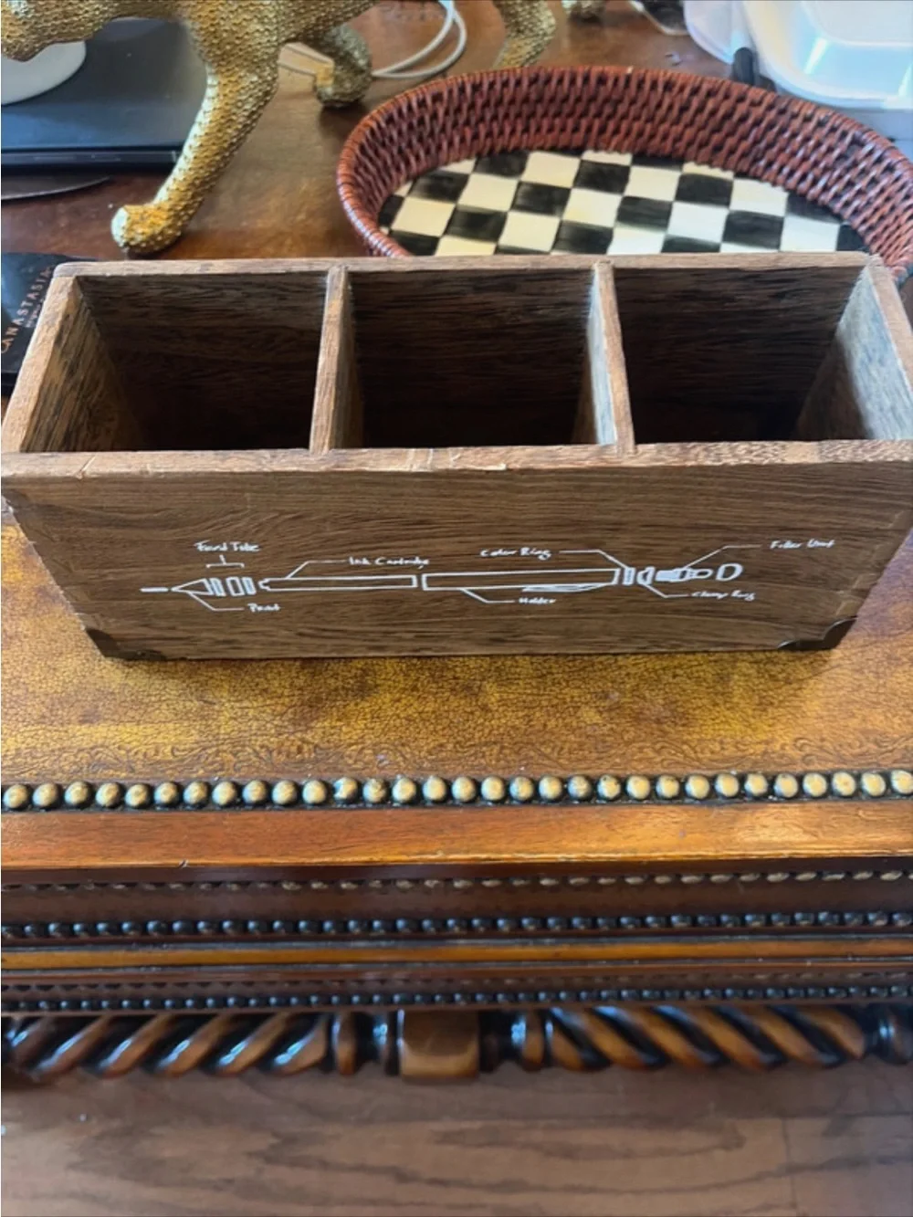 Wooden Decorative desk organizer with White Diagram Accent